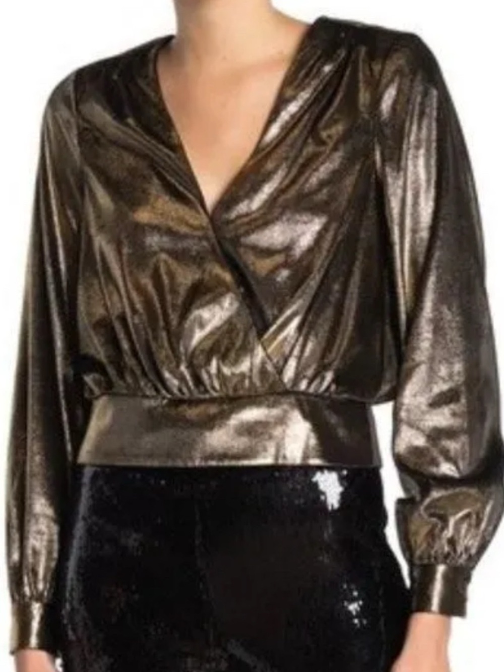 Frame Denim Metallic Gold/Black V Neck Wrap Blouse